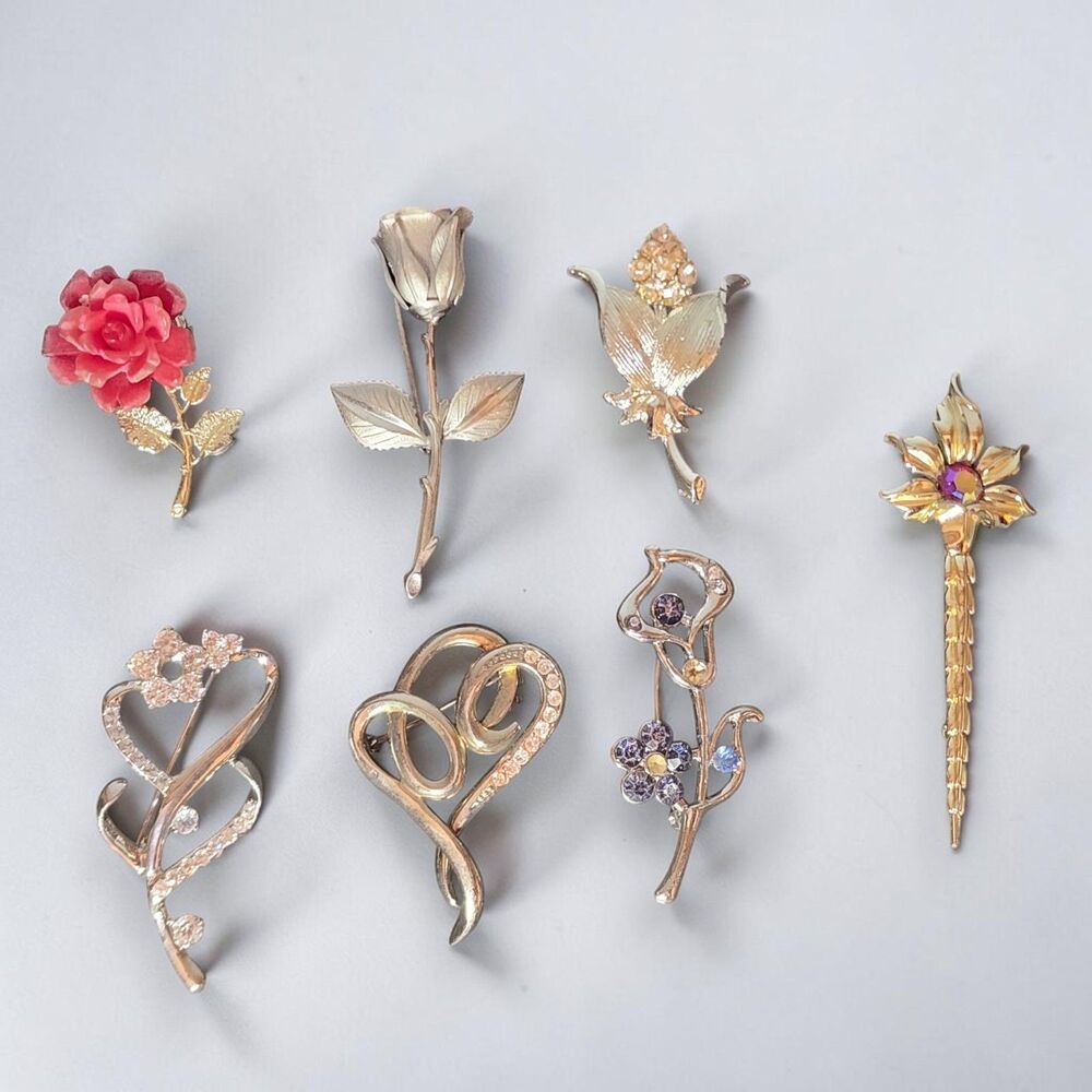 Lot of 7 Vintage Floral Brooch Pins Roses Rhinestones Gold Tone CEMONS Signed